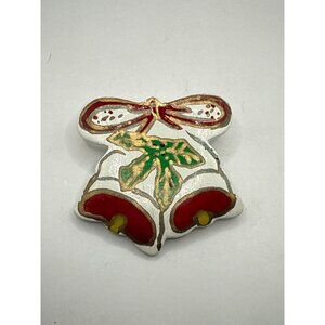 Christmas Bells Brooch Pin With Festive Red Bow & Green Holly Design